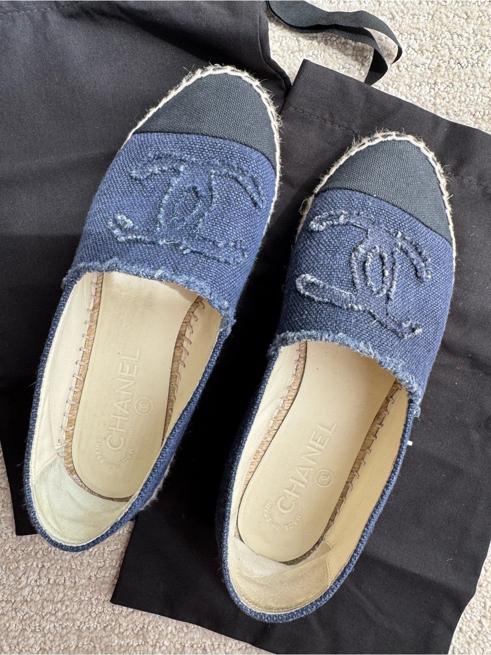 Chanel Navy Espadrille Flats with Black Cap Toe size 36
